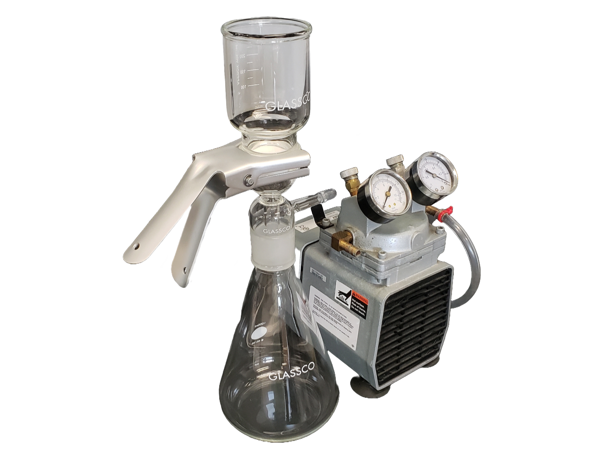 A vacuum pump connected to a large Erlenmeyer flask, clamped with a piece of glass filtration paper.