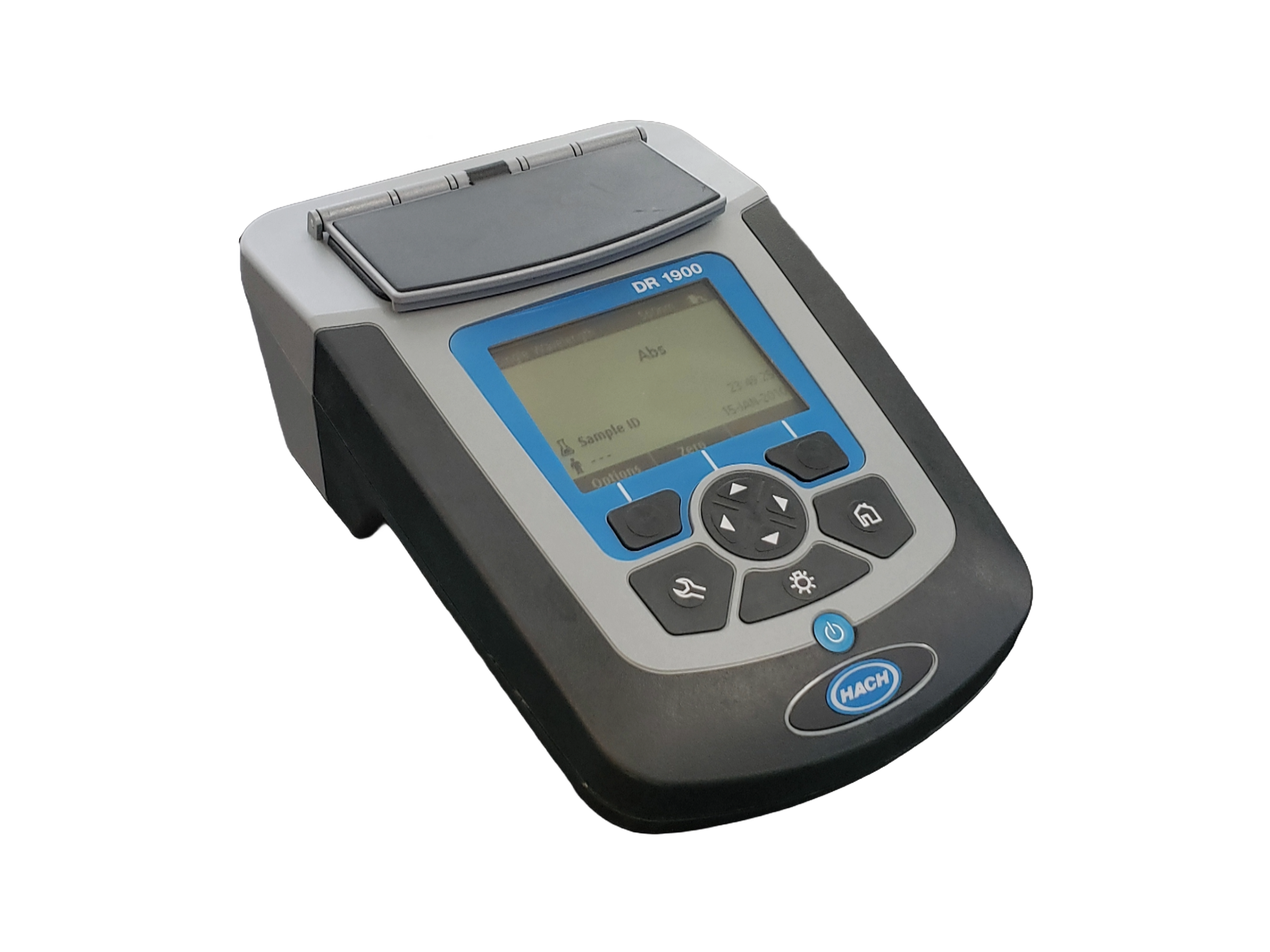 A blue, black, and grey device with one top-loading compartment for sample analysis.