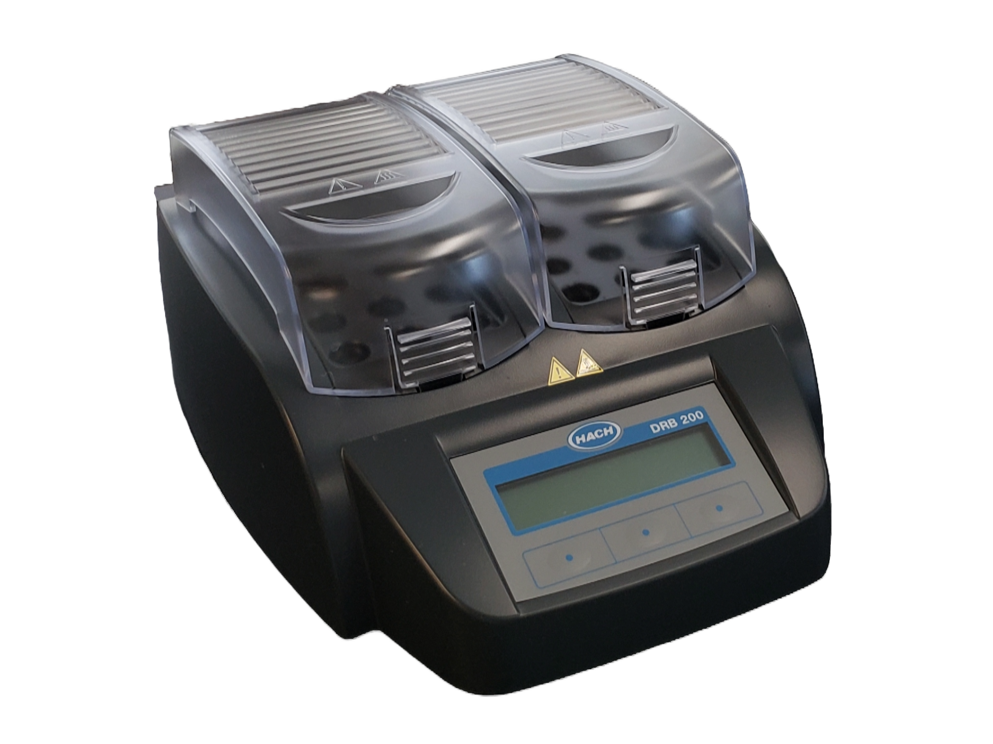 A blue, black, and grey device with two top-loading compartments for sample analysis.