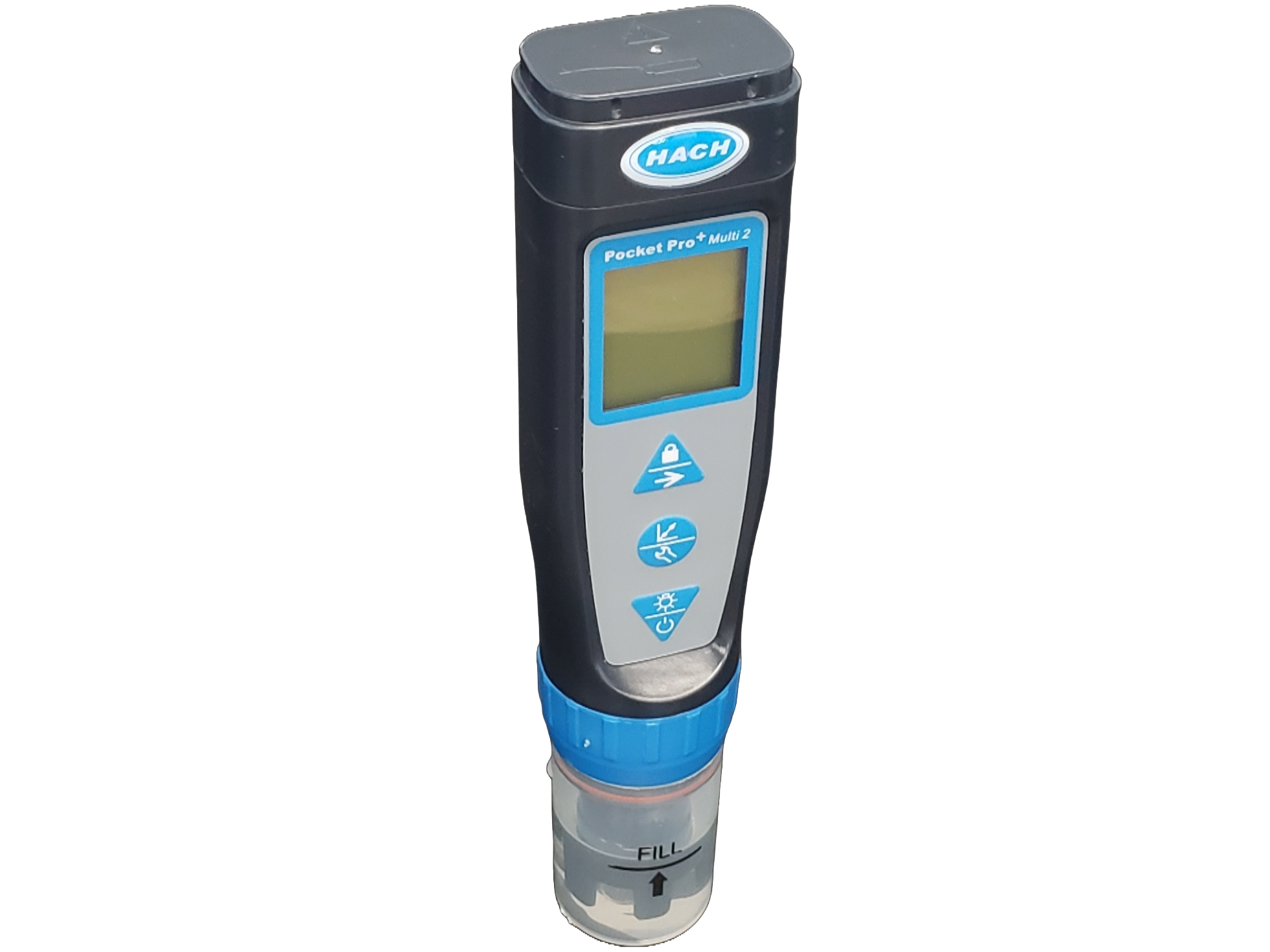 A blue, black, and grey handheld device with a small sampling cup at the bottom for sample analysis.