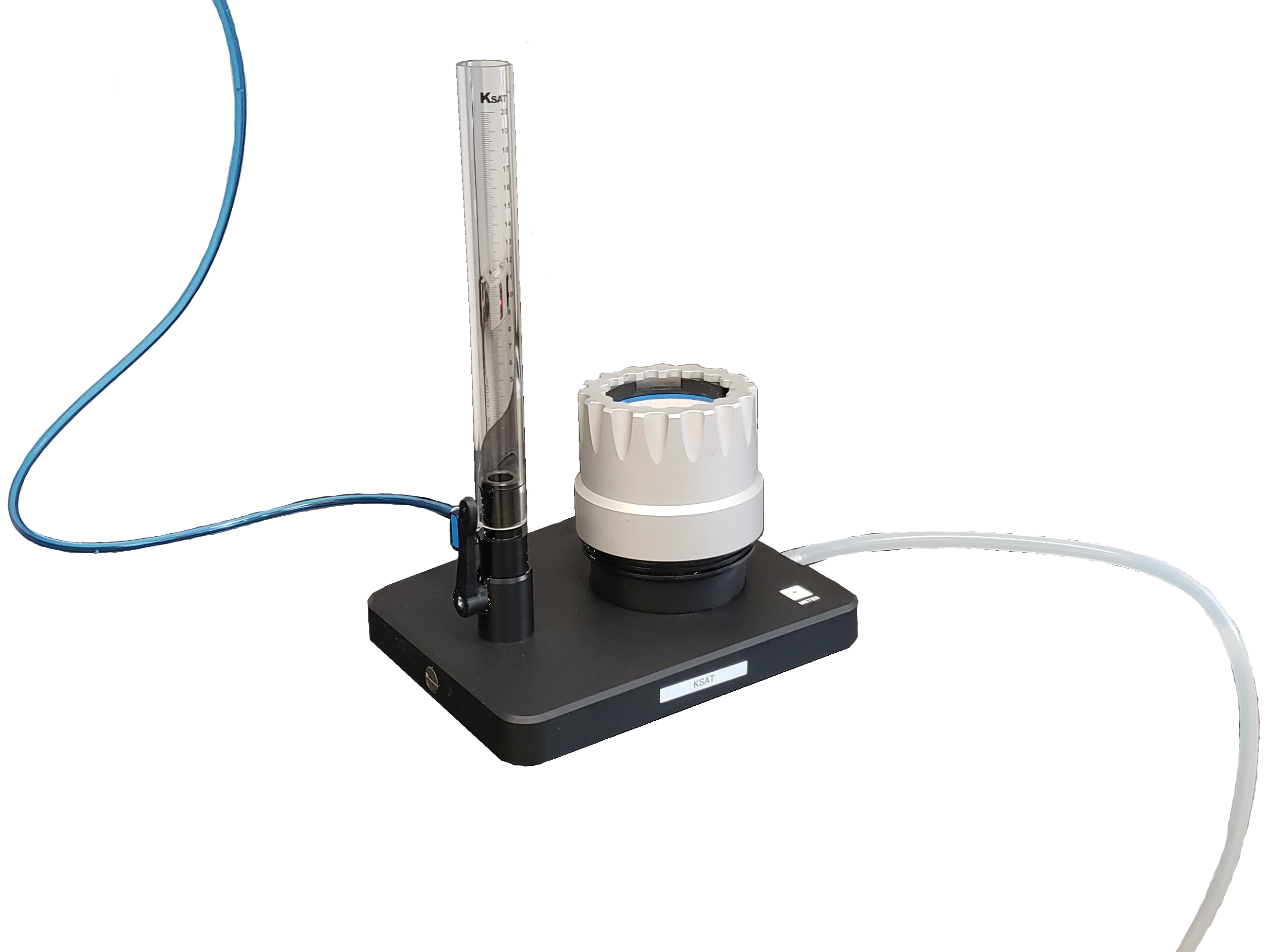 A graduated cylinder and metal soil sampling container connected to one another by a black base and vacuum pipes.