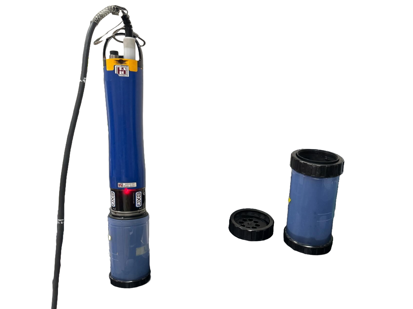 A long blue metal rod with various sensors at the far end for sample analysis.